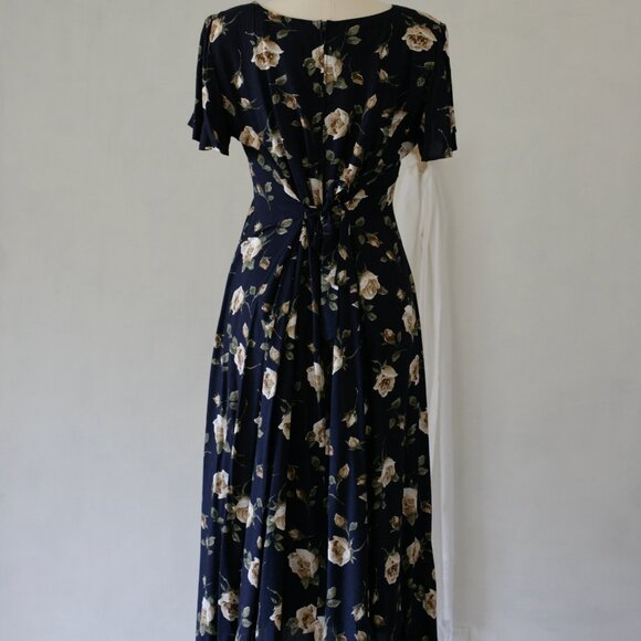 NWT 80's 90's Navy Blue Dead Stock Long Midi Dress/Flutter Sleeves - Picture 8 of 10